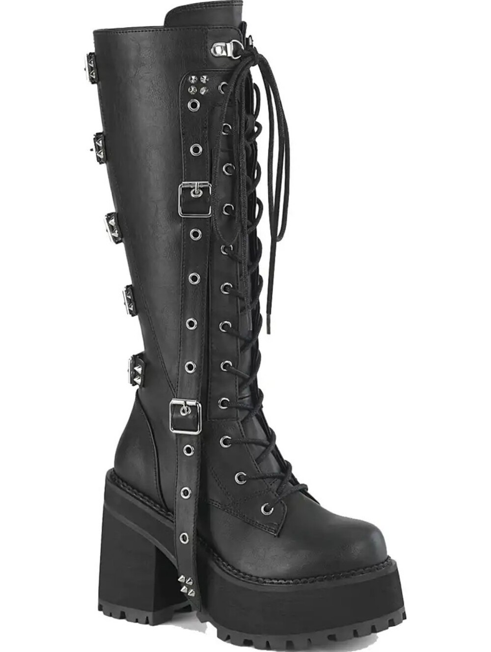 Demonia ASSAULT-218 Platform Boots Size 6 Black Vegan Leather Goth Punk Knee